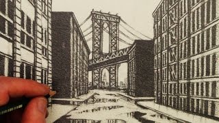 How to Draw 1Point Perspective A View of Manhattan Bridge [upl. by Ellerrad]