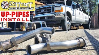 2001 F350 73  RiffRaff UpPipes Install  Stock up pipes leaking and falling apart JUNK SP [upl. by Yssim]